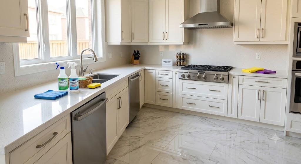 An immaculate, brightly lit modern kitchen featuring a marble tile floor, white cabinetry, a large center island with a sink, and professional cleaning supplies neatly arranged with a basket and microfiber cloths.